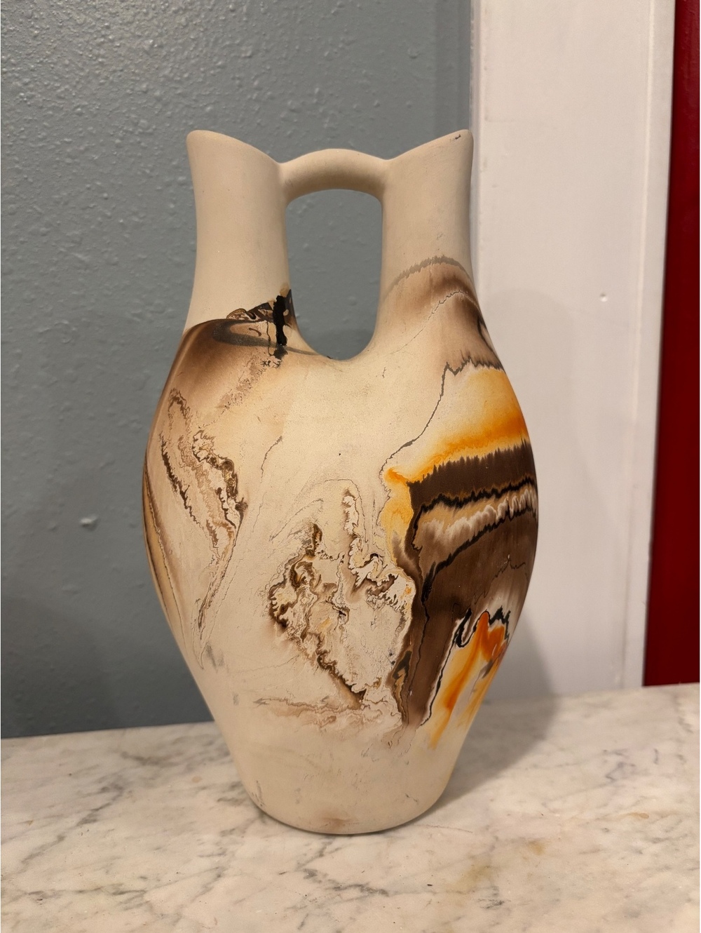 Nemadji Pottery Double Spout Wedding Vase Orange Brown 9.5 Inches Tall